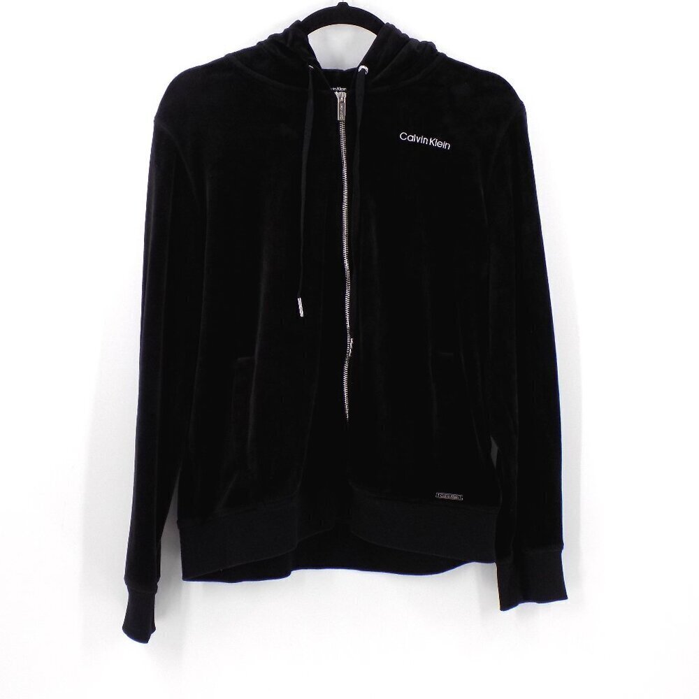 Calvin Klein Velour Hooded Jacket Size Large Black Full zip